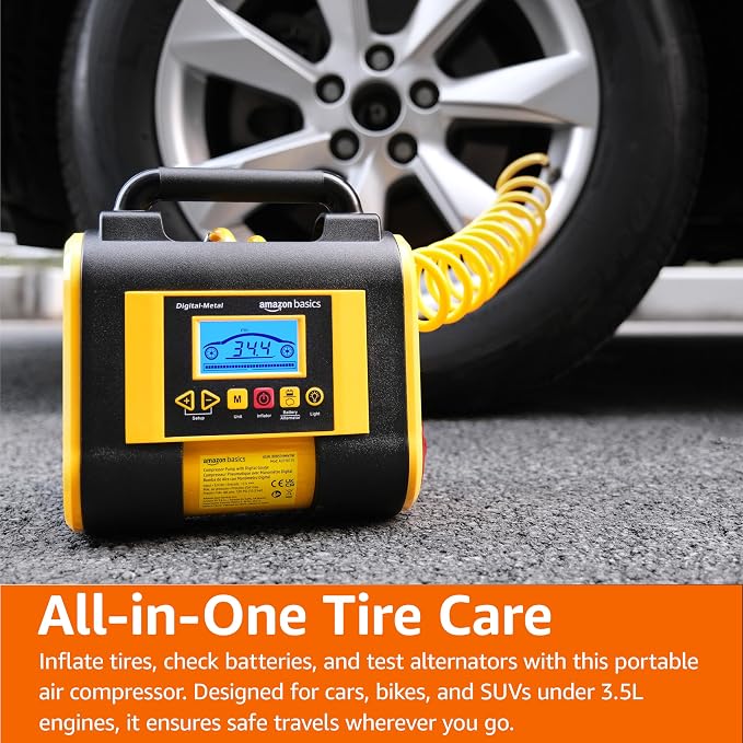 Portable Car Tire Inflator with Digital Pressure Gauge, 150 PSI, 12V DC, Black