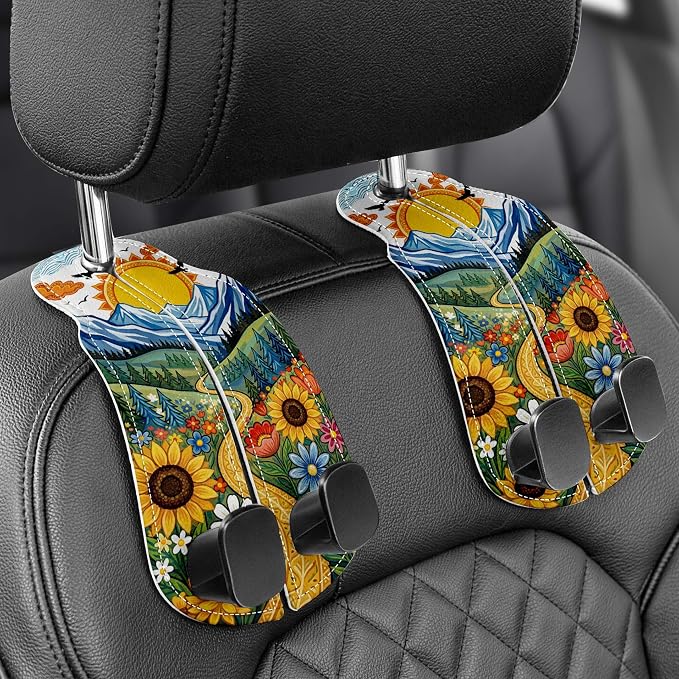Purse Holder for Car, 2 Pack Heavy Duty Purse Hanger for Car, PU Leather Car Seat Hooks for Purses and Bags, Cute Sunflower Headrest Organizer for Handbags & Backpacks