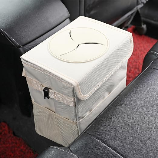AOKJOY Car Garbage can with lid Leak Proof Vehicle Trash Can 3 Storage Pockets Hanging Waterproof car Trash Bag for SUV Beige