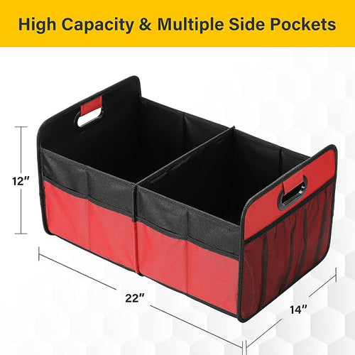 2 Compartments Car Trunk Organizer, 600D Oxford Polyester Car Storage, Anti-slip 14" D x 22" W x 12" H Collapsible Trunk Storage, Suitable for SUV, Minivan, Truck, Red New