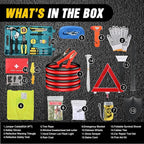 Car Emergency Kit with Jumper Cable, First Aid Kit Safety Assistance Tools for Travel Camping Outdoor Cars Truck SUV RV, Roadside Essentials with Flash Light