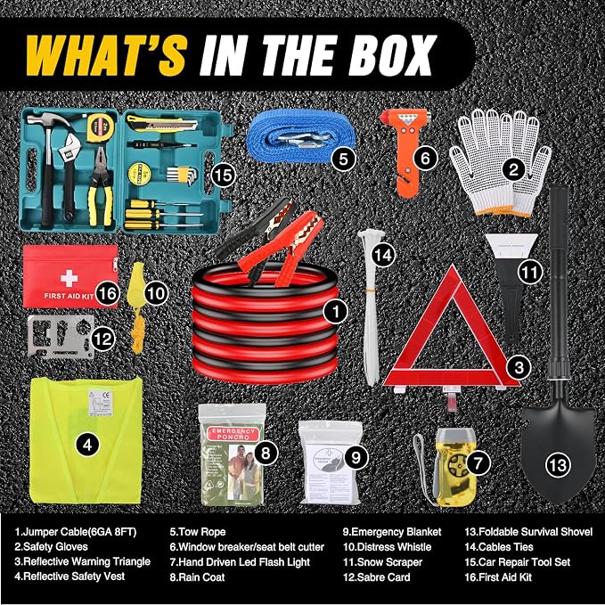 Car Emergency Kit with Jumper Cable, First Aid Kit Safety Assistance Tools for Travel Camping Outdoor Cars Truck SUV RV, Roadside Essentials with Flash Light