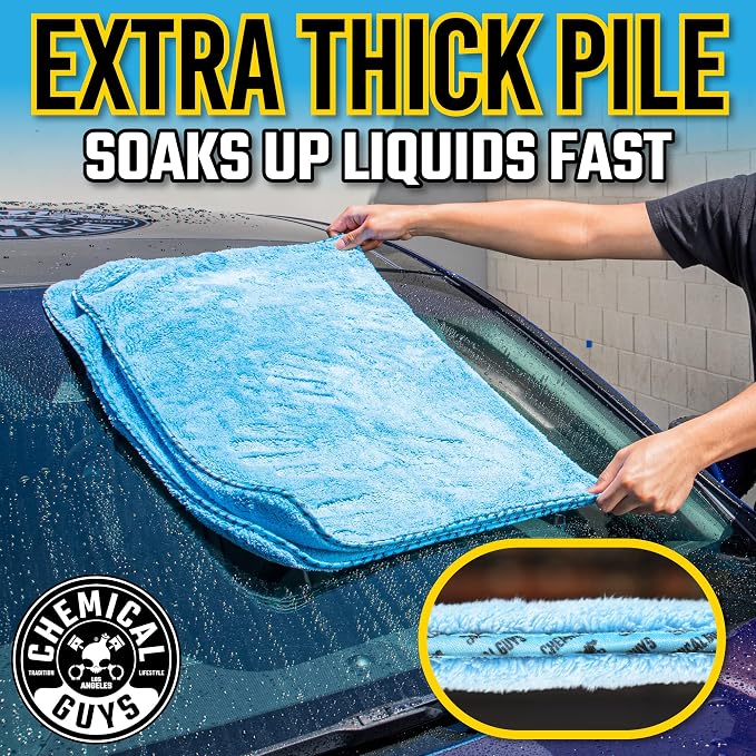 Woolly Mammoth Large Microfiber Drying Towel - 36 x 25 Inch Blue, Ultra Plush Super Absorbent Car Drying Towel for Cars, Trucks, SUVs, Motorcycles, RVs, and Auto Detailing