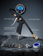 Digital Tire Pressure Gauge with Inflator, 3-250 PSI Air Chuck & Compressor Accessories Heavy Duty with Quick Connect Coupler, 0.1 Display Resolution, 1Pack Standard, with case
