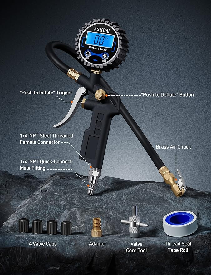 Digital Tire Pressure Gauge with Inflator, 3-250 PSI Air Chuck & Compressor Accessories Heavy Duty with Quick Connect Coupler, 0.1 Display Resolution, 1Pack Standard, with case