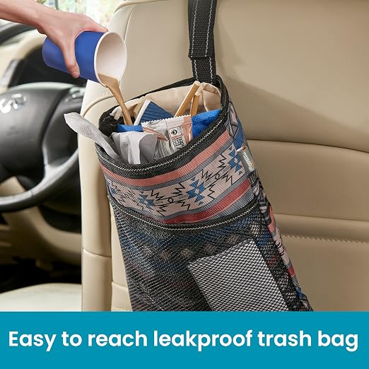 Hanging Car Trash Bag with Waterproof Leakproof Liner, Storage Pocket and Adjustable Strap to Hang in the Front or Back Seat - Southwest