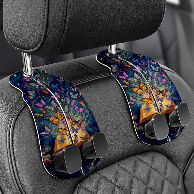 Purse Holder for Car, 2 Pack Heavy Duty Purse Hanger for Car, PU Leather Car Seat Hooks for Purses and Bags, Cute Butterfly Headrest Organizer for Handbags & Backpacks