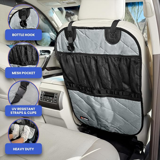 Car Seat Back Organizer – Heavy-Duty Kick Mat w/Mesh Storage Pockets, Bottle Hook – UV-Resistant Hardware – Waterproof Backseat Organizer for Kids & Pets – Fits SUVs, Trucks, Cars – Grey