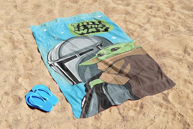 Kids Beach Towel - 100% Cotton Super Soft Absorbent Bath Towel, 28" x 58" Inch Lightweight for Travel, Official Licensed Product, Blue - Star Wars Mandalorian