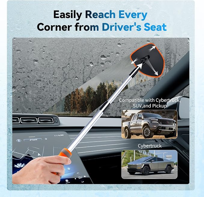 XINDELL Windshield Cleaner Tool, Car Window Cleaning Kit with 4 Reusable Microfiber Pads, Extendable Handle & 360° Rotating Head, Safety Hammer, Streak-Free Auto Glass Wiper for Car Truck SUV RV