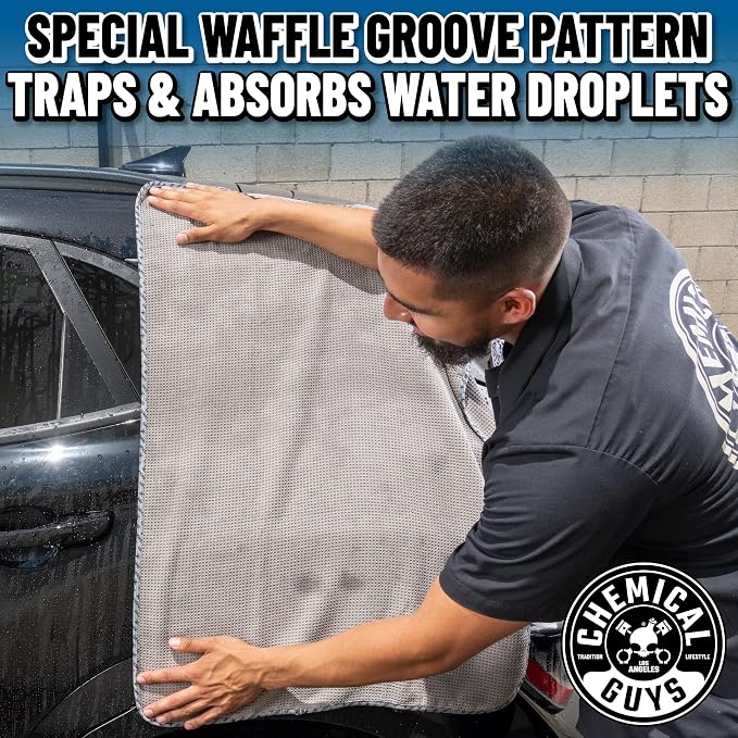 Waffle Weave Gray Matter Microfiber Drying Towel - 25" x 36",Premium Blend Microfiber Towel with Soft-Banded Edging for Scratch-Free Car Drying,Ultra Absorbent,(Pack of 12)
