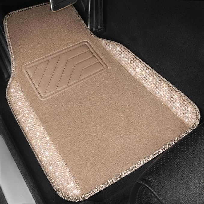 Bling Car Mats Shining Diamond Carpet Crystal Rhinestones Sparkly Glitter Floor Mats with Anti-Slip PVC Heel Pad Universal Fit for Automotive SUV, Sedan, Car, Van, 4pcs for Girl Women, Beige