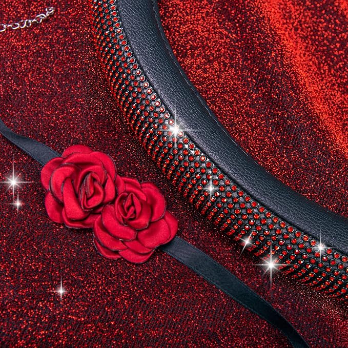 Red Diamond Black Leather Steering Wheel Cover, with Bling Crystal Rhinestones Universal Fit 14" 1/2-15" Crystal Glitter for Women Sparkle Girl Fit Suvs,Vans,Sedans,Cars,Trucks, Red Diamond