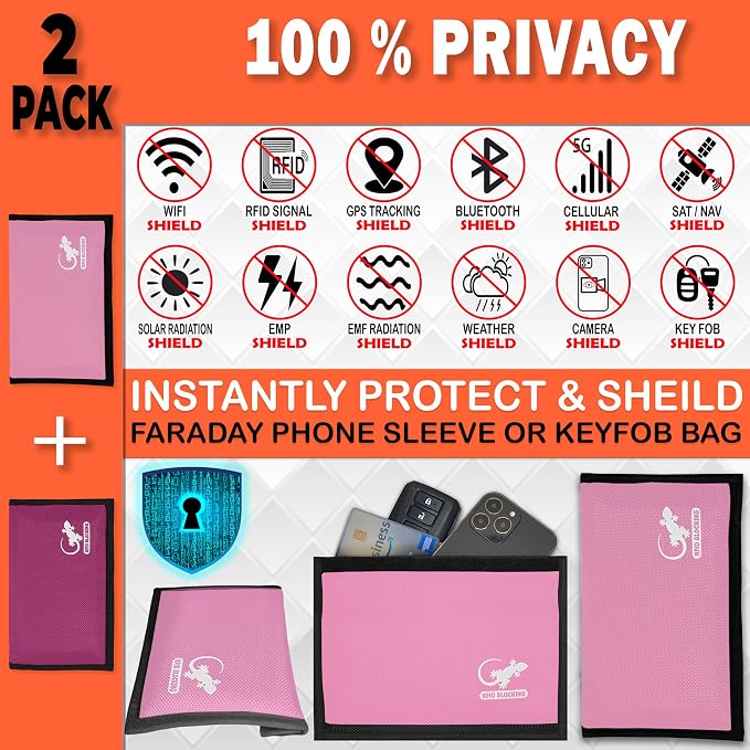 Faraday Bag for Phones & Key Fobs – RFID Shielding Privacy Pouch for Electronic Device Storage, Faraday Sleeve for Personal Data Protection (2 PACK - PINKS)