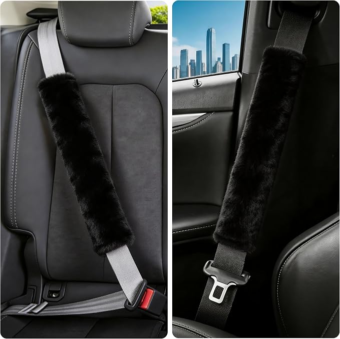 Soft Faux Fur Universal Fit Seatbelt Cover Car Truck SUV Airplane Seat Belt Shoulder Pad for Carmera Backpack Straps Neck Cushion Protector Extra Long 15.7in Black