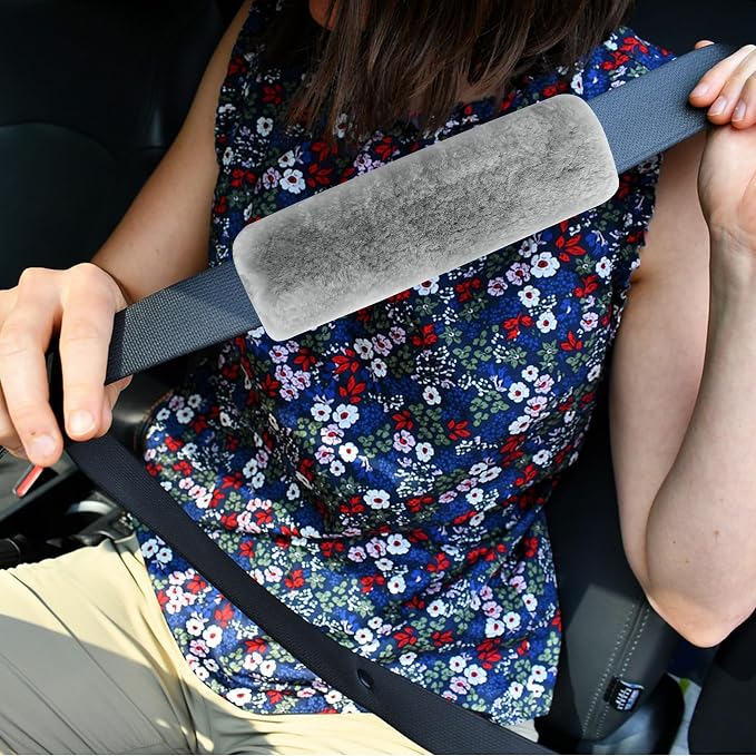Authentic Sheepskin Seatbelt Cover Real Wool Car Truck SUV Airplane Seat Belt Shoulder Pad for Carmera Backpack Straps Neck Cushion Protector 2 Pack Light Grey