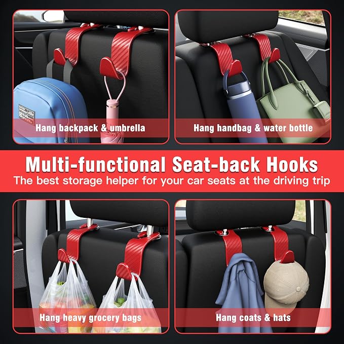 Car Seat Headrest Hook 4 Pack Hanger Universal Vehicle Car Storage Organizer for Handbag Purse Coat S Type Checkered Red