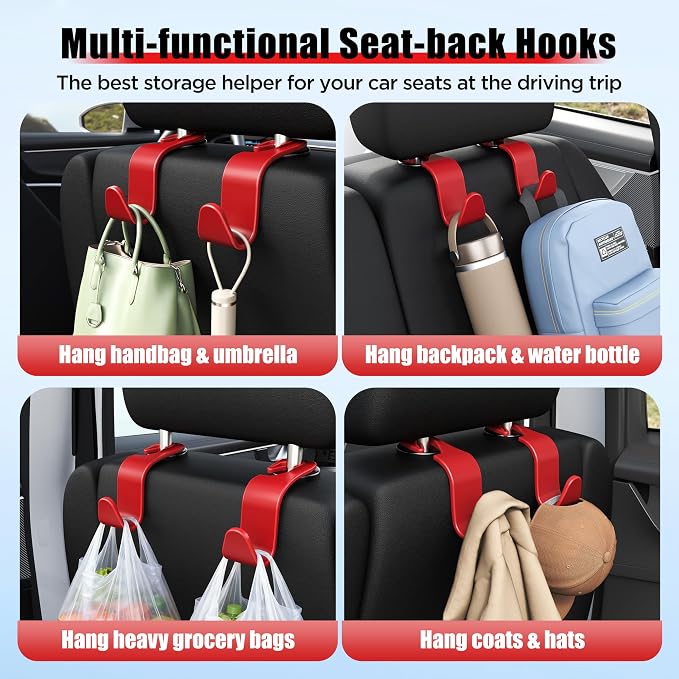 Car Seat Headrest Hook 4 Pack Hanger Storage Organizer Universal for Handbag Purse Coat Universal fit Vehicle Car Red with Clip
