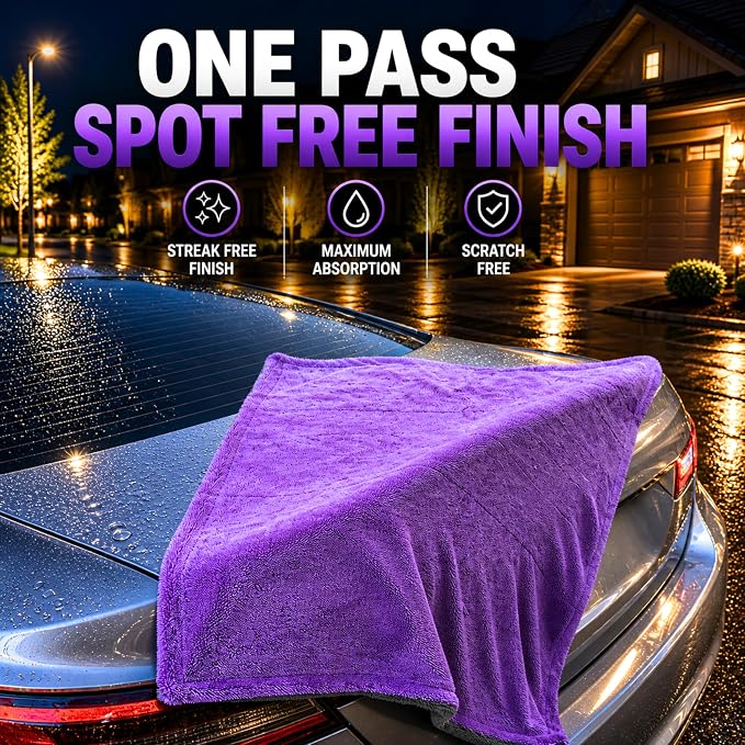 Car Drying Towel 24”x36”, 1400 GSM Twisted Loop Microfiber, Ultra Absorbent, Streak-Free, Lint-Free, Scratch-Free for Car, Truck & SUV, Quick Drying in Fewer Passes (Purple)