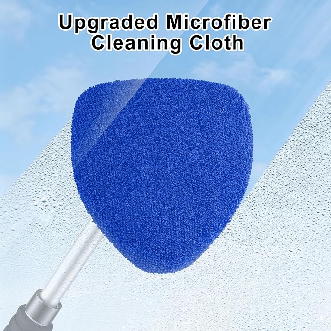 Windshield Cleaner Tool, Car Interior and Exterior Window Cleaning Kit with Extendable Handle & 4 Reusable Microfiber Pads, Auto Glass Wiper Brush Kit for Car & Home Windows (Blue)