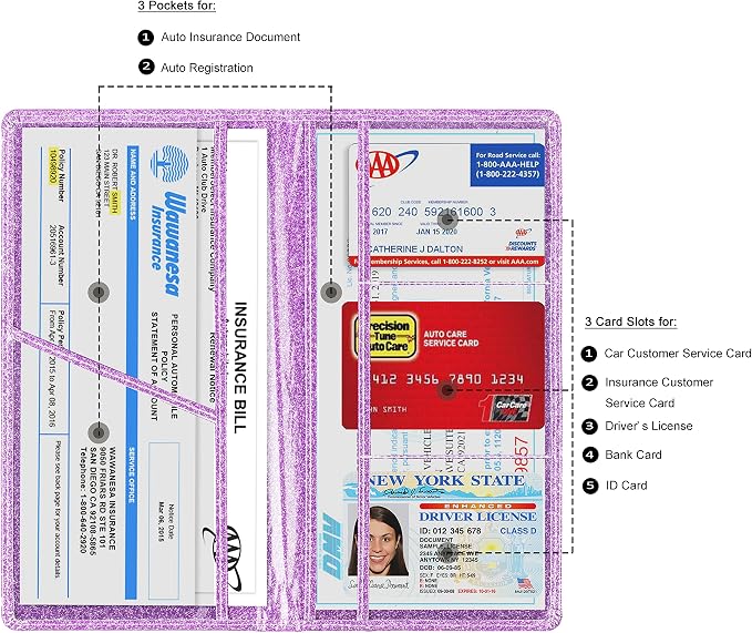 Car Registration and Insurance Card Holder, Vehicle License Document Glove Box Compartment Organizer, Interior Car Accessories for Women Men (Glitter Purple)
