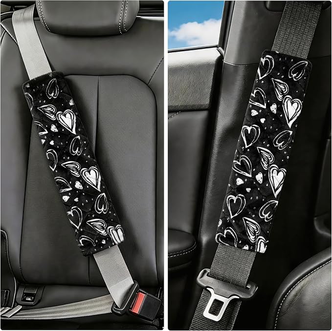 Soft Auto Seat Belt Cover Seatbelt Cushions Shoulder Pad 2 PCS for a More Comfortable Driving Compatible with All Cars and Backpack Cute Black Heart