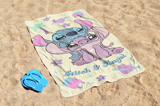 Kids Beach Towel - 100% Cotton Super Soft Absorbent Bath Towel, 28" x 58" Inch Lightweight for Travel, Official Licensed Product, Yellow - Lilo and Stitch