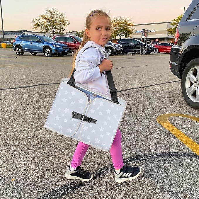 Kids Travel Tray for Toddler Car Seat, Toddler Gift for Boy | Road Trip Essentials Accessories Lap Tray with Dry Erase Board, iPad Holder Stand & Cooler Cup Holder as Birthday Gift, Grey