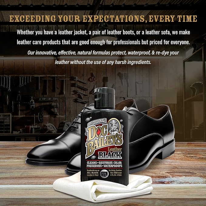 Doc Bailey's Leather Black - Black Leather Dye, Conditioner & Restorer, 4-in-1 Cleaner & Waterproofer for Car Seats, Motorcycle Seats, Jackets, Boots, Couches & Furniture - Detail Kit 4oz, 2-Pack