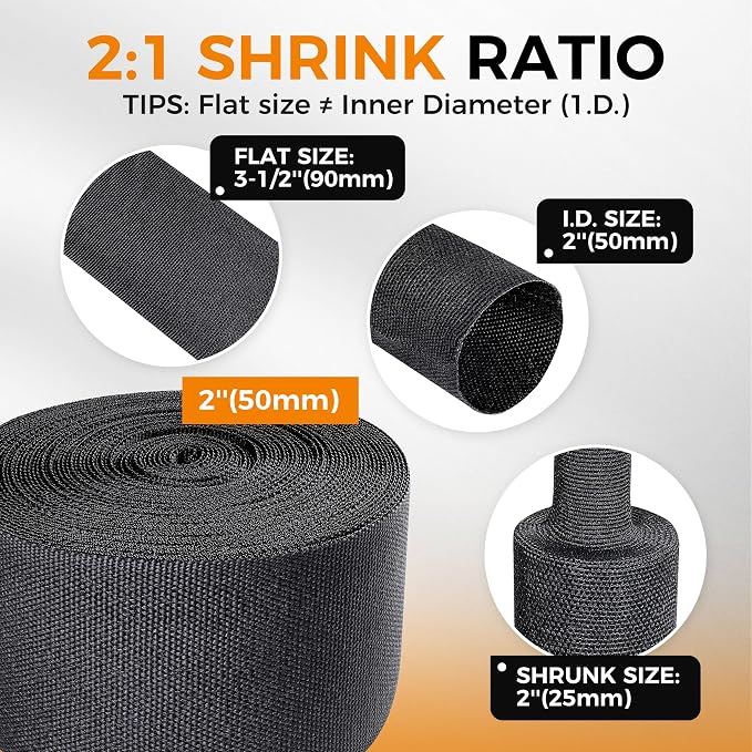 Black 2:1 Ratio Automotive Heat Shrink Braided Sleeving,Wear-Resistant Flat Woven Shrinkable Sleeve Fabric Car Cable Wires Hoses Protection (2''-26ft)