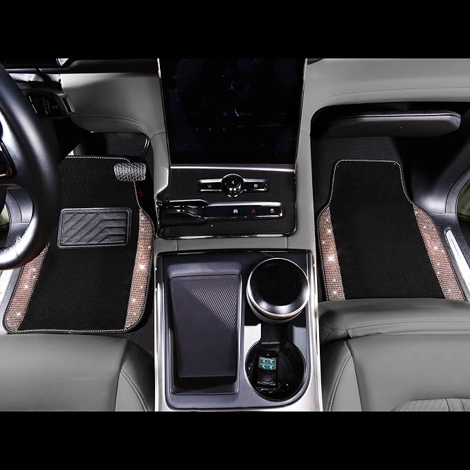 Bling Rhinestone Diamond Car Floor Mat, Crystal Sparkly Shining Glitter Carpet Waterproof Anti-Slip PVC Heel Pad, Universal for Interior Auto SUV,Sedan,Van,4pcs Girl Women Men, Champagne Gold