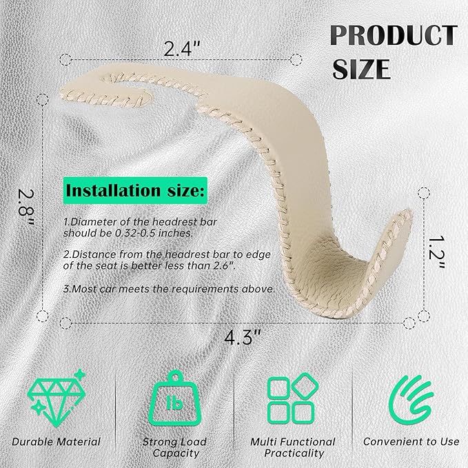 Car Seat Headrest Hook Universal Vehicle Storage Hanger Leather with Metal Car Seat Back Organizer for Handbag Purse Coat Beige 4 Pack