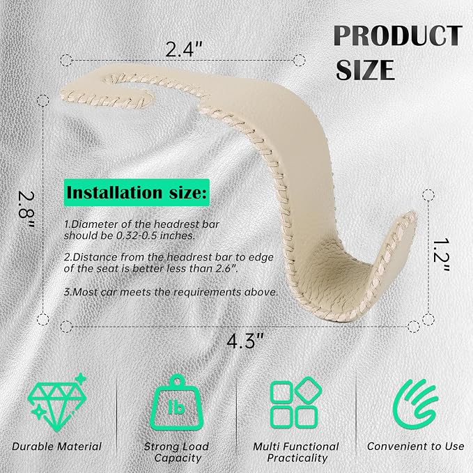 Car Seat Headrest Hook Universal Vehicle Storage Hanger Leather with Metal Car Seat Back Organizer for Handbag Purse Coat Beige 2 Pack