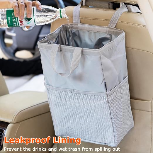 New Leak-Proof Travel Car Trash Bag, 3.5 Gallons Large Capacity Hanging Car Trash Can with Hook and Loop Lid and Handle, Multipurpose Trash Bin with Storage Pockets for SUV RV, Atomic Silver