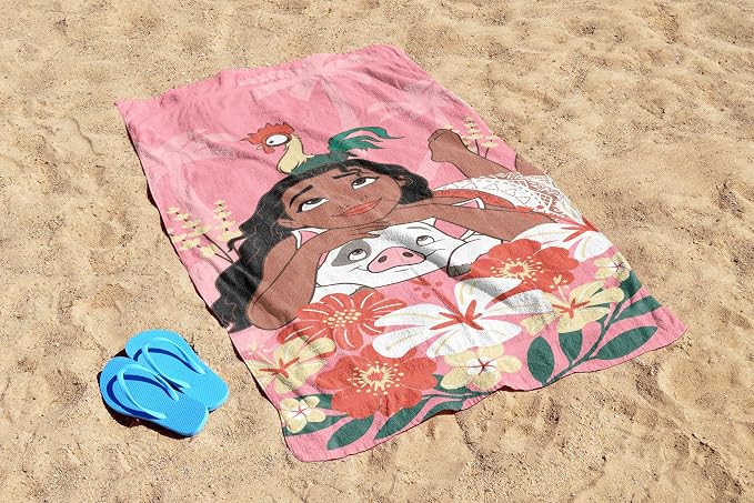 Kids Beach Towel - 100% Cotton Super Soft Absorbent Bath Towel, 28" x 58" Inch Lightweight for Travel, Official Licensed Product, Pink - Moana