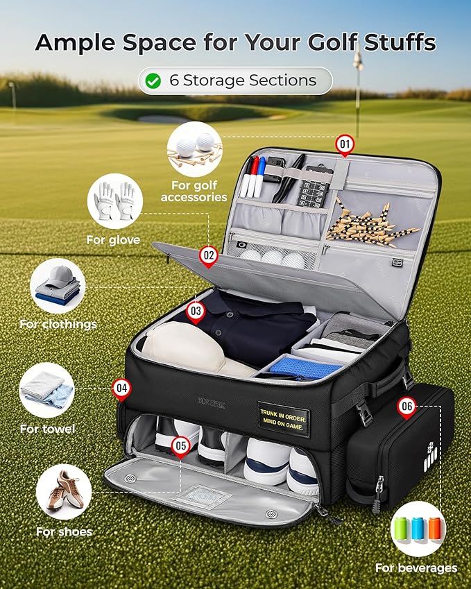Upgraded Golf Trunk Organizer, Golf Gifts for Men, with Removable Insulated Pouch&Dust-Proof Protective Layer, Multi-Compartment fits 2 Pairs of Shoes, Golf Accessories