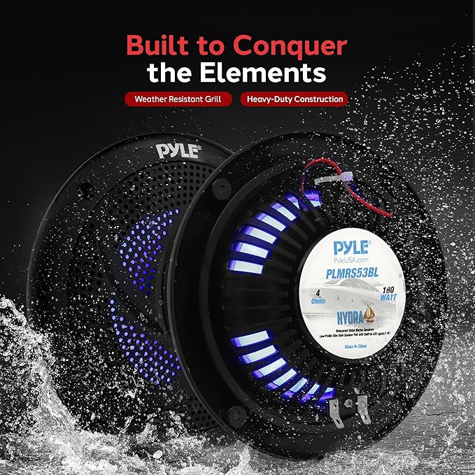 Pyle Marine Speakers -5.25 Inch 2 Way Waterproof and Weather Resistant Outdoor Audio Stereo Sound System with LED Lights,180 Watt Power and Low Profile Slim Style -1 Pair -PLMRS53BL (Black)