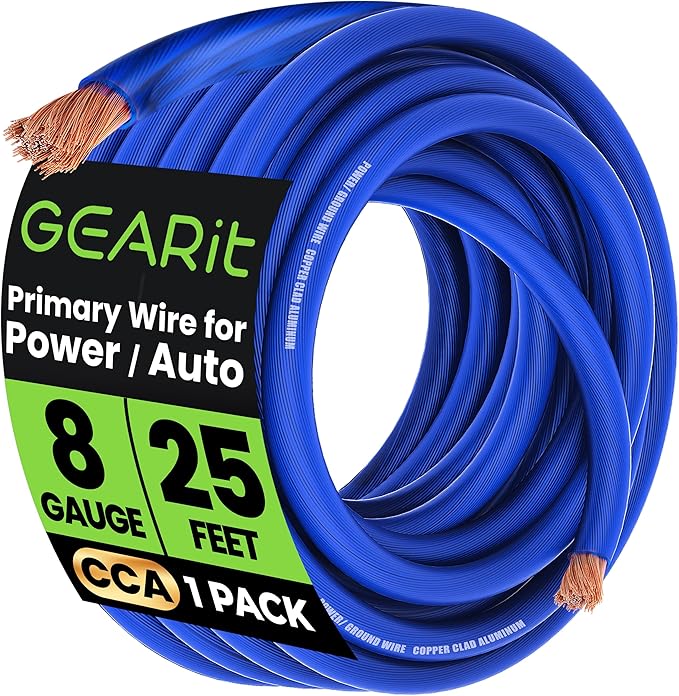 8 Gauge Wire 25 ft Blue, 8 AWG Battery Cable CCA, Copper-Clad Aluminum Power Ground Wire for Car Audio Amp, Automotive, RV