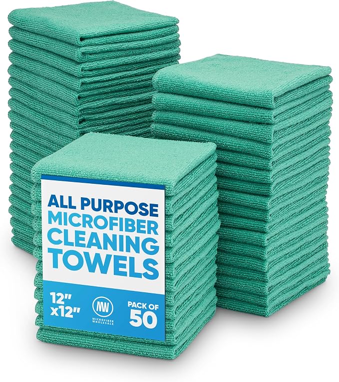 12" x 12" Cleaning Cloths (50 Pack) - Reusable Towels, Wash Rags, Dust Cloth, All-Purpose: Kitchen, Dish, Cars, Shop, Glass (Green)