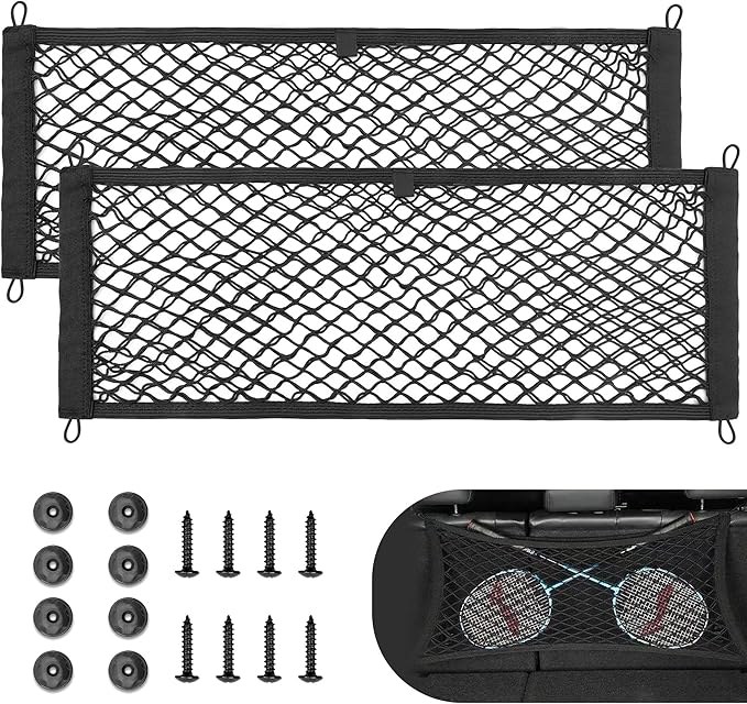 2 Pcs Universal Cargo Net Pocket Elastic Mesh Netting Car Mesh Pouch for Trunk RV Boats Home Cargo Storage Mesh with Screws and Hooks (25.6'' x 9.8'')