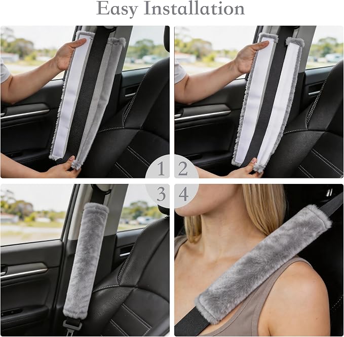 Soft Faux Fur Universal Fit Seatbelt Cover Car Truck SUV Airplane Seat Belt Shoulder Pad for Carmera Backpack Straps Neck Cushion Protector 2 Pack 10.5in Light Silver Grey