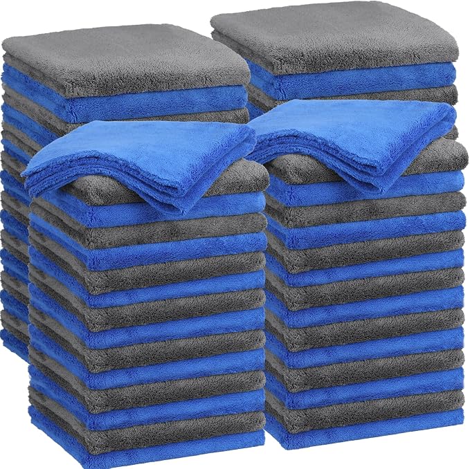 30 Pcs 16 x 16 Inch Edgeless Microfiber Plush Towels for Cars Detailing Drying Wash Polishing Absorbent Cleaning Cloths, 500 GSM (Blue, Gray)