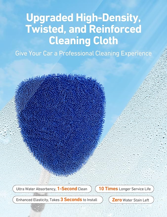 Car Windshield Cleaner Tool, Window Cleaning Kit with 39in Car Mirror Squeegee, 4 Reusable Microfiber Pads and Extendable Handle, Blue