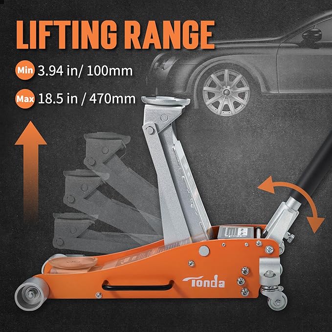 Floor Jack, 3 Ton Aluminum and Steel Low Profile Hydraulic Car Jack with Dual Pump System, Rapid Lift, Orange