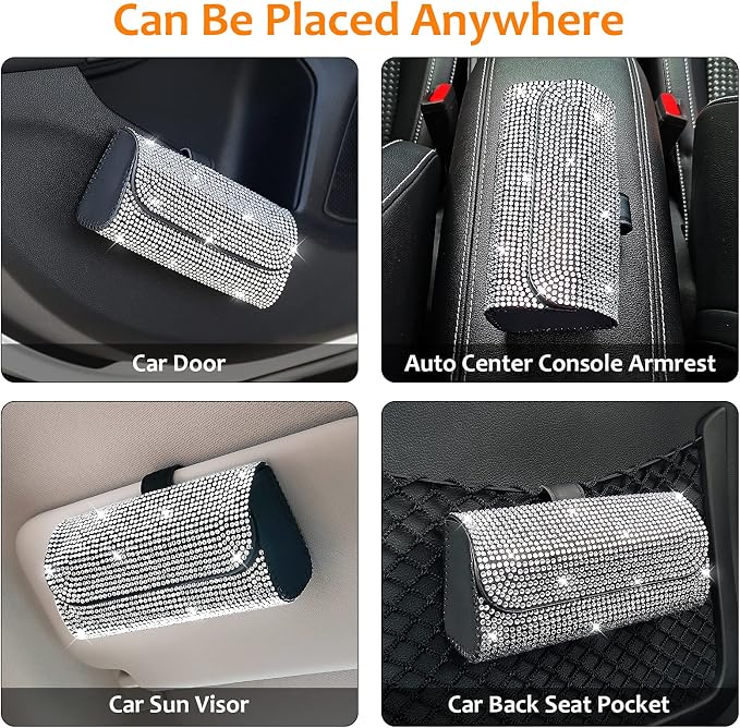Bling Sunglasses Holder for Car Sun Visor, Sparkling Eyeglasses Car Visor Clip Storage Glasses Organizer Case, PU Leather Auto Sunglass Holder Protective Box for Truck, SUV, RV (White)