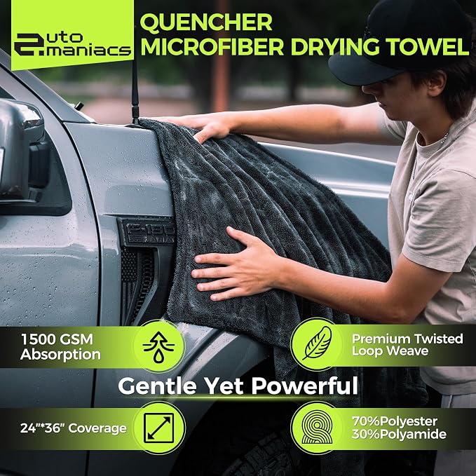 Drying Towel for Car Detailing, 1500 GSM Ultra Super Absorbent, 24"x36" XL Soft Microfiber Towels for Cars, Twisted-Loop & Streak Free Microfiber Towels for Cars, Trucks, SUVs