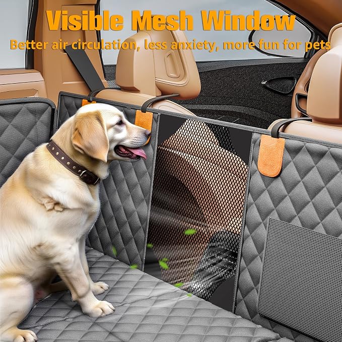 Back Seat Extender for Dogs, Hard Bottom Dog Car Seat Cover - Supports 400lbs, Rear Seat Pet Cover with Mesh Window, Waterproof Dog Hammock for Car SUV
