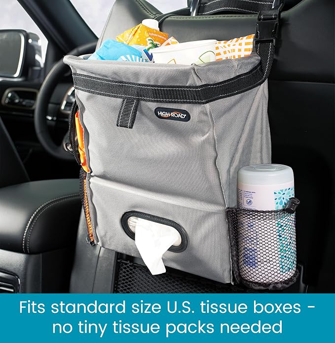 Car Organizer with Car Trash Bin and Tissue Holder - Holds Full Size Tissue Box, Bottles and Wipe Containers - 2 Gal Leakproof Covered Trash Can with Push-Close Lid