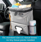Car Organizer with Car Trash Bin and Tissue Holder - Holds Full Size Tissue Box, Bottles and Wipe Containers - 2 Gal Leakproof Covered Trash Can with Push-Close Lid