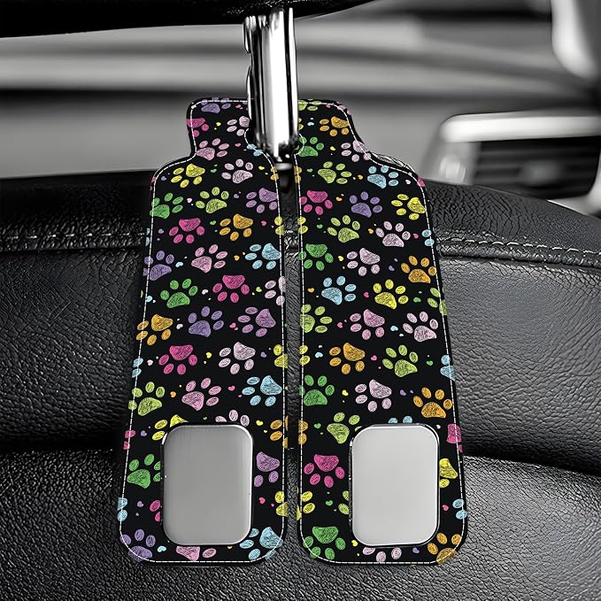 Car Headrest Purse Hanger Colorful Paw Prints 1 Pack Bag Purse Holder for Car Premium Leather Double Metal Hook for Handbags, Grocery Bags and Phones